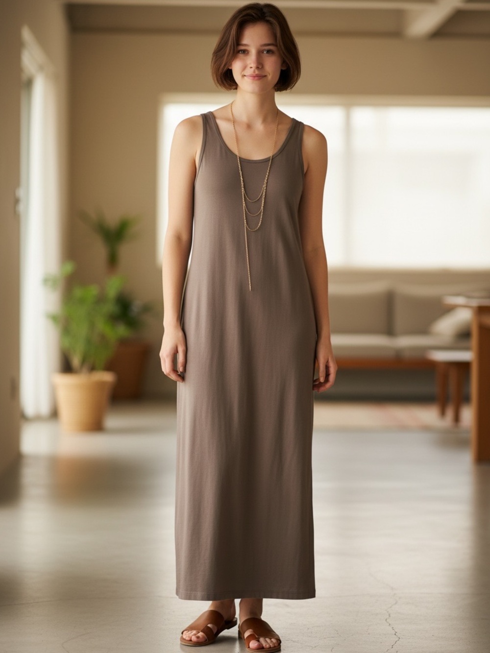 Eileen Fisher Sleeveless Taupe Knit Maxi Tank Dress XS